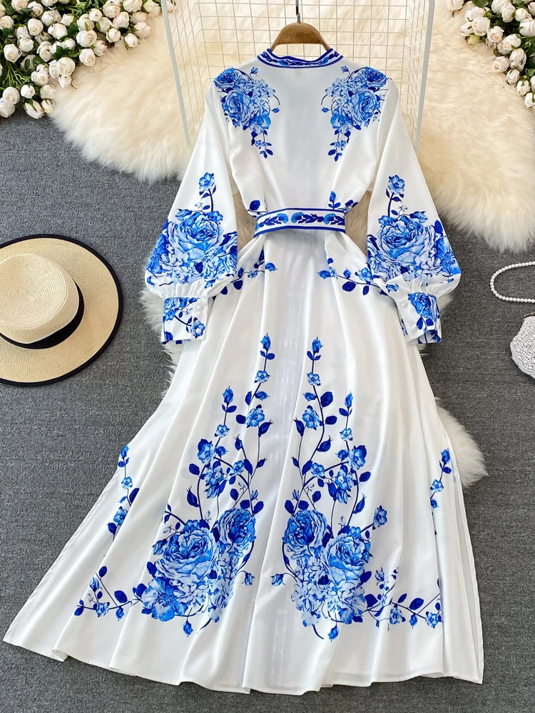 EWQ Chinese Style Print Long Dress For Women Lantern Sleeves Belt Gathered Waist A-line Dresses 2024 Spring New Clothing 27C168