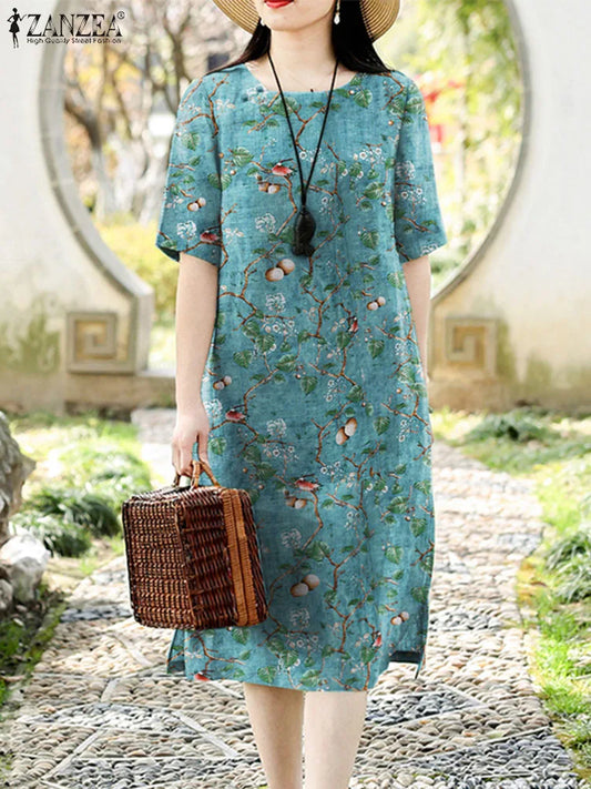 Vintage Floral Dress Women's Summer Sundress ZANZEA 2023 Casual Short Sleeve Printed Midi Vestidos Work Party Dresses Robe