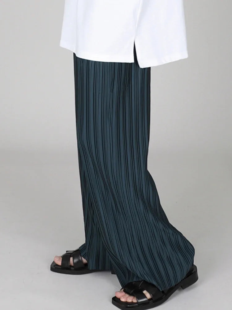 SYUHGFA Men Clothing 2024 Spring Autumn Ice Silk Pleated Wide Leg Pants Elastic Waist Causal Loose Straight Trousers For Male