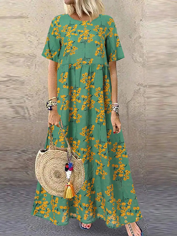 ZANZEA Vintage Maxi Sundress Women Summer Dress Casual Floral Printed Baggy Vestido Bohemian Holiday Robe Elegant Work Dresses