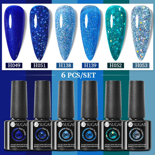 UR SUGAR 6pcs/set Nail Gel Polish Kit 7ml Soak Off UV LED Nails Varnish Set Blue Glitter Color Semi Permanent Nail Art Gels