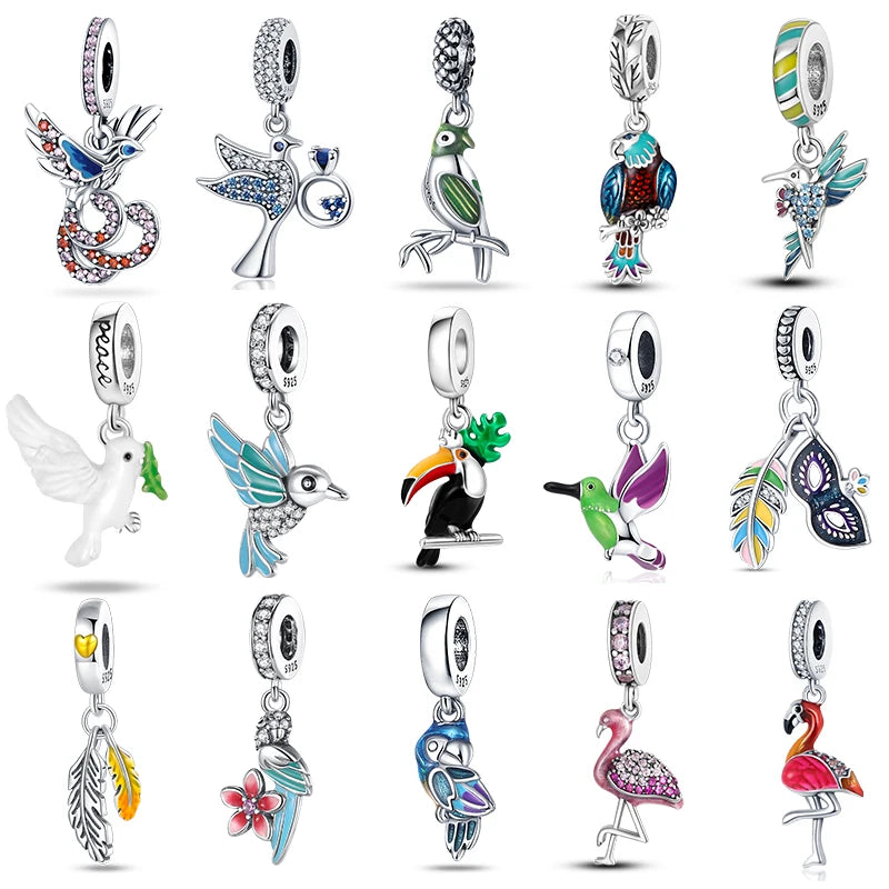 925 Silver Color Flamingos Feather Flowers Birds Charms Beads Fit Pandora 925 Original Bracelets Fine FashionDIY Jewelry Gift