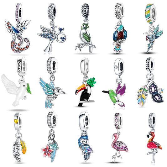 925 Silver Color Flamingos Feather Flowers Birds Charms Beads Fit Pandora 925 Original Bracelets Fine FashionDIY Jewelry Gift