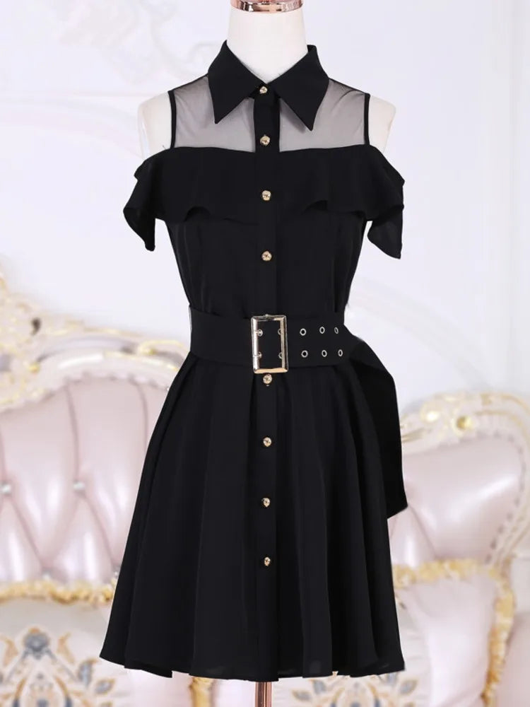 Korean OL New Single Breasted Women Summer Dress 2022 Sweet Chic Black office work Short mini Dresses With Belt Vestidos jurken