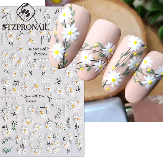 Little Daisy Flowers Nail Sticker 5D Engraved Mimosa Iris Floral Leaf Design Adhesive Sliders Wedding Bride Manicure Decorations