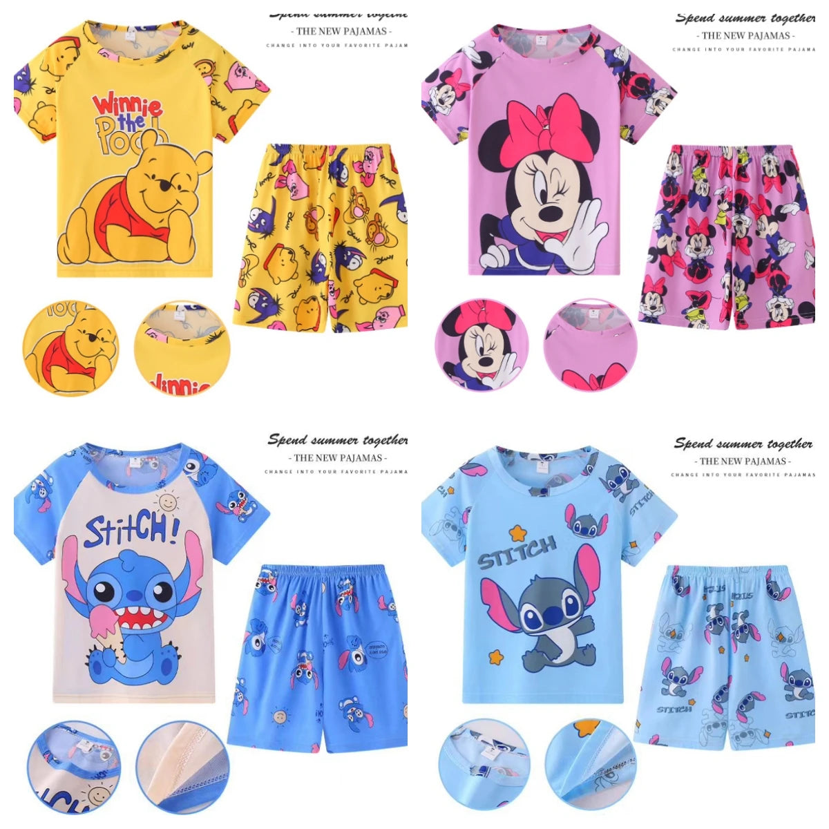 New Children Clothing Summer Winnie Bear Boys Girls Kids Clothing Sets Stitch Cartoon Suit Mikey Kid Sleepwear Short Sleeve