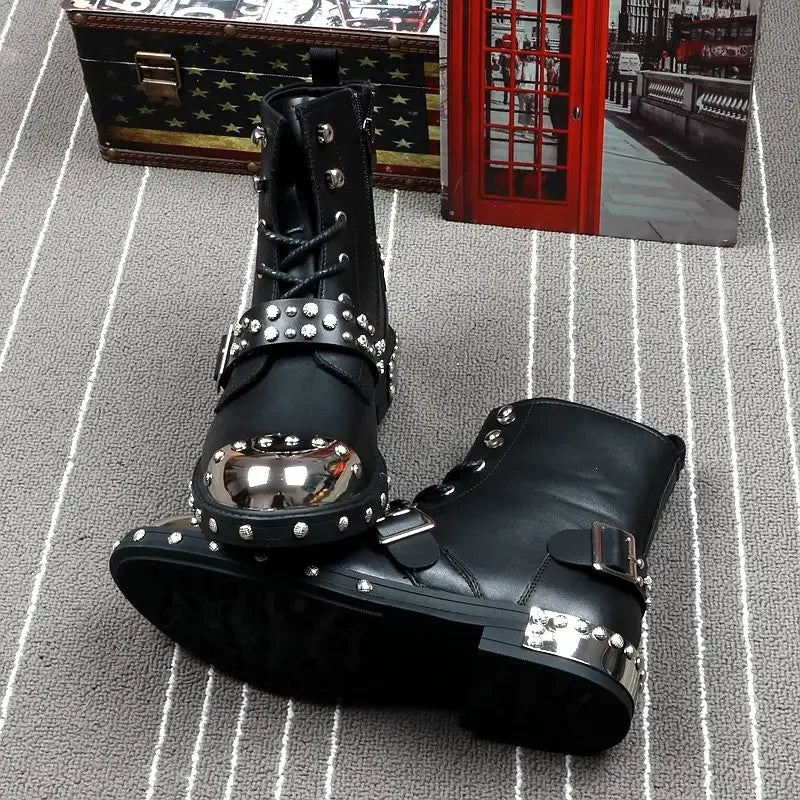 Spring and Autumnmen's Leather Boots Punk Style Rivet Metal Motorcycle Fashion High Top Short Men Boots Genuine Leather