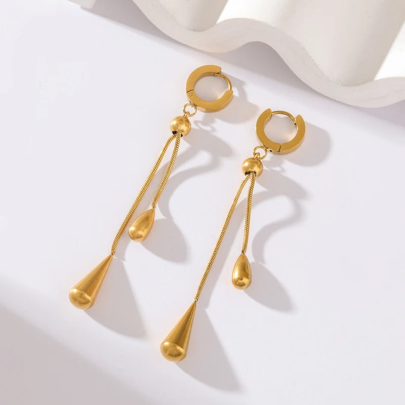 EILIECK 316L Stainless Steel Geometric Teardrop Tassel Necklace Earrings For Women New Party Gift Gold Color Waterproof Jewelry