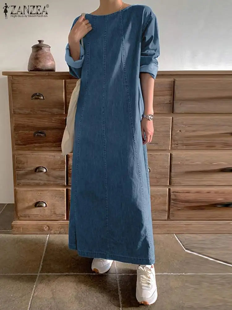 ZANZEA Woman Fashion Work OL Denim Dress Long Sleeve O-Neck Solid Dresses Casual Loose Sundress Autumn Elegant Party Vestidos