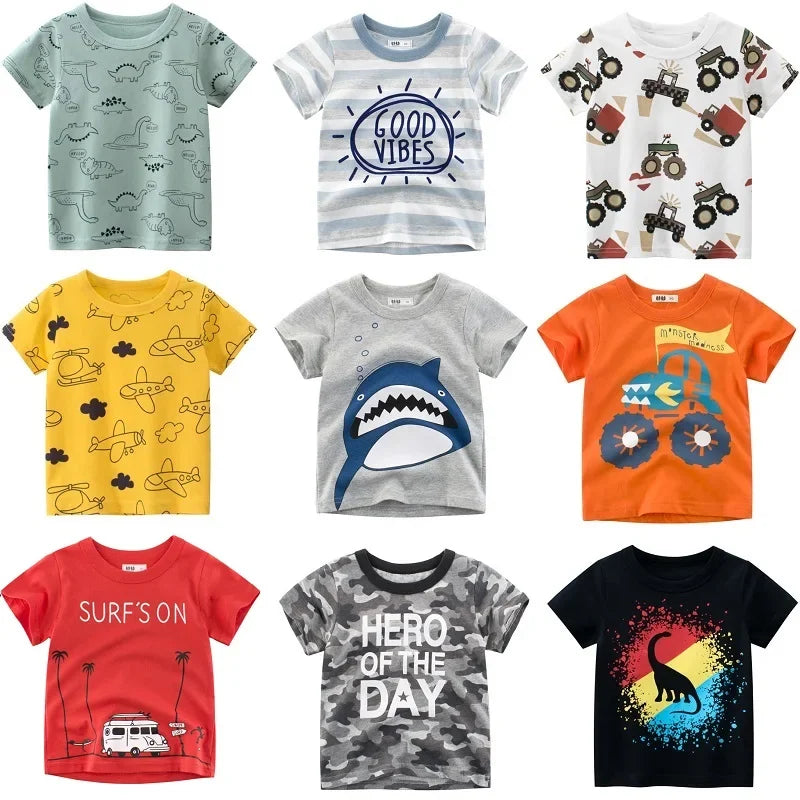 2-9 Years Boys T-Shirt Cartoon Animals Baby Kids Children Cotton Short Sleeves Summer Clothing Car Dinosaur Shark Printing