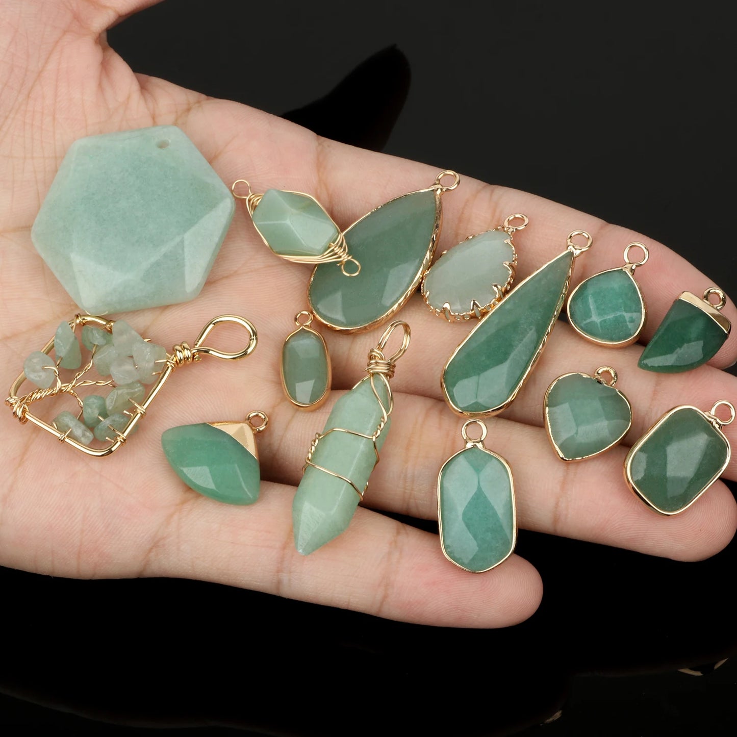 1pc Natural Green Aventurine Jades Pendant Gold Plated Multi Styles Charms Pendants for Necklace Women DIY Jewelry Accessories