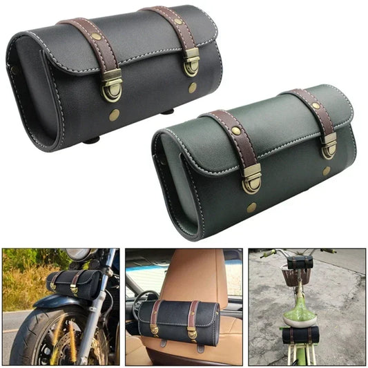 Motorcycle Handlebar Saddlebag, Waterproof PU Leather Motorbike Fork Roll Bag, Durable Car Storage Tool Pouch Luggage With Strap