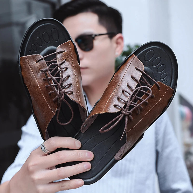 Summer Men's Slippers Genuine Leather Breathable Bandage Slippers Sandals Beach Luxury Classics Men Slides Flip Flops Outdoor