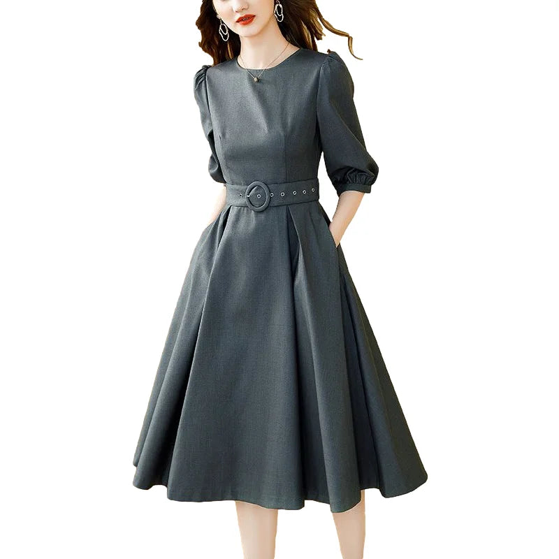 Fashion Office Ladies Work Midi Long Dress Women Elegant Puff Sleeves O-Neck Grey A-Line Belt Tunic Dress Spring Summer 2023