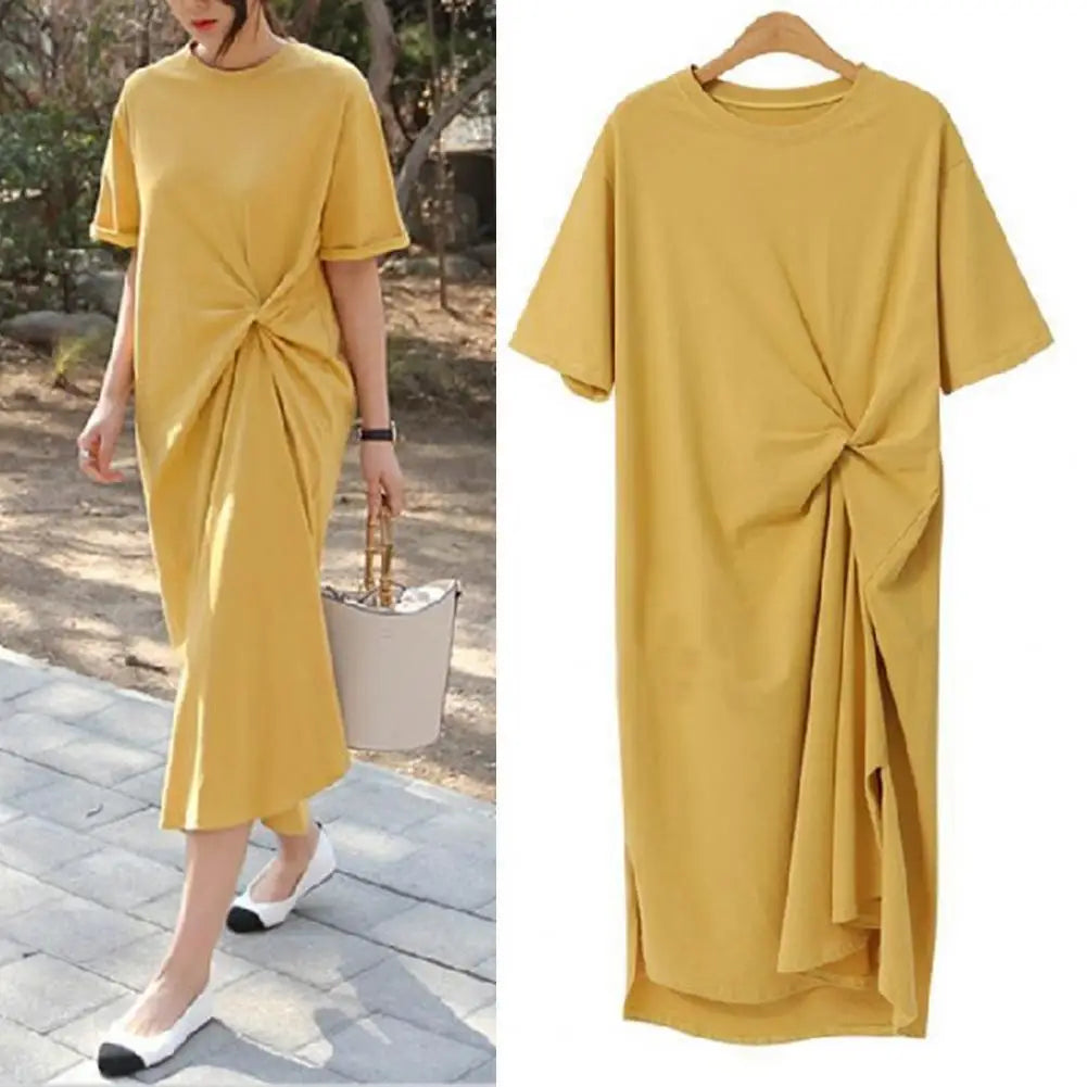 Women Summer Midi Dress Elegant O-neck Ruched Midi Dress for Women Short Sleeve Knot Design Work Dress with Side for Summer