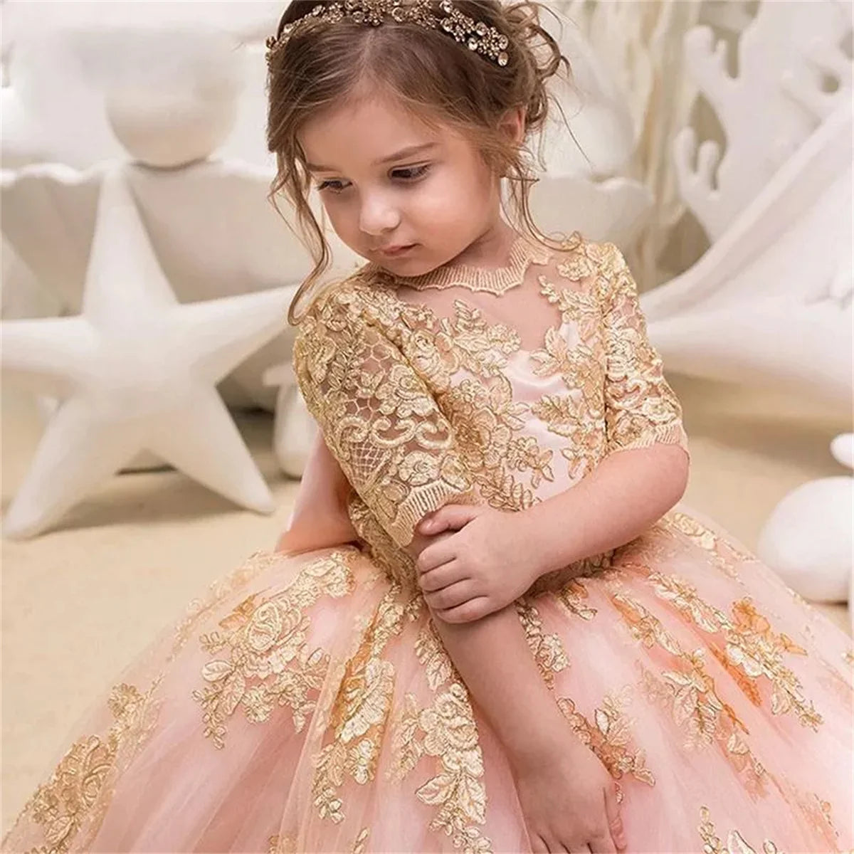 Gorgeous Pink Flower Girl Dresses Bow Long Tulle Gold Appliques Princess Wedding Birthday Party Dress Child Pageant Ball Gowns