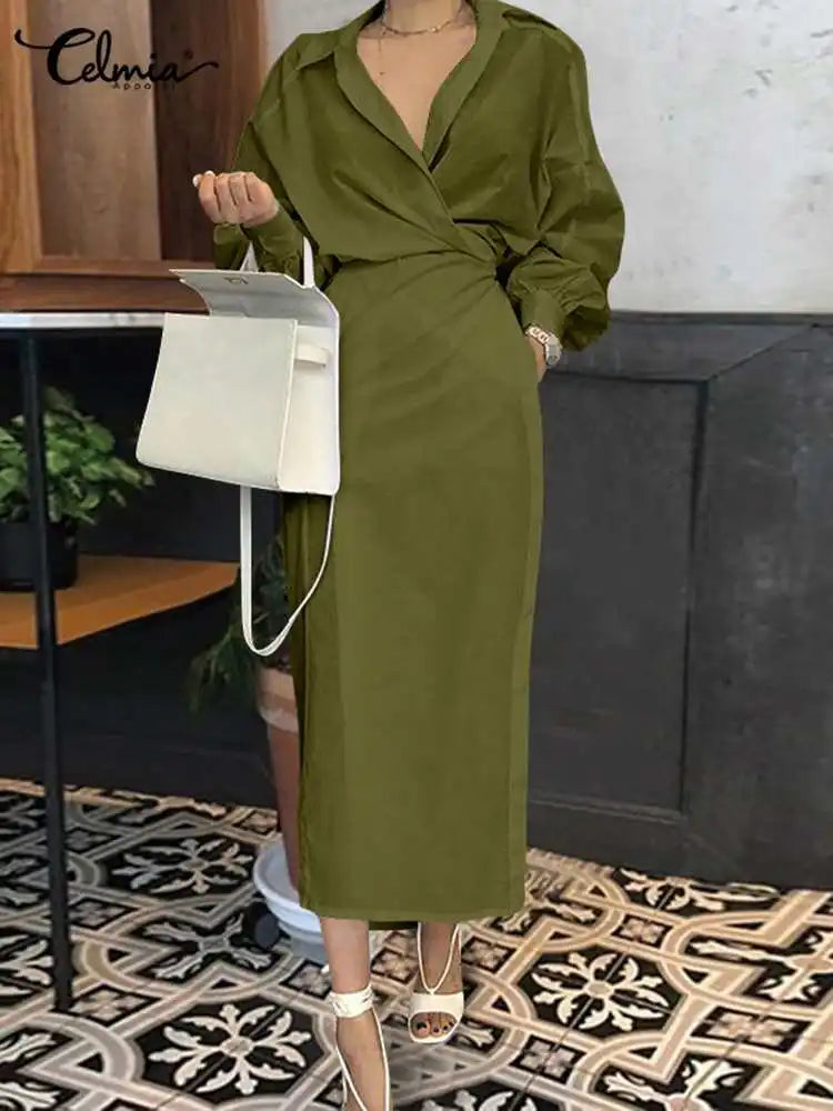 Women Casual Belted Shirt Dress Celmia Elegant Lapel Lantern Long Sleeve Leisure Midi Dress 2023 Fashion Solid Party Vestidos