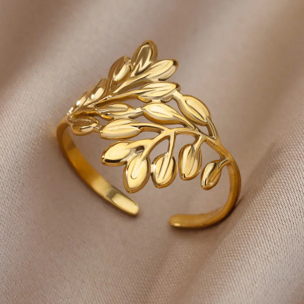 Exquisite Stainless Steel Tree Branch Leaves Rings For Women Men Open Gold Color Leaf Ring Wedding Aesthetic Jewelry Party Gift