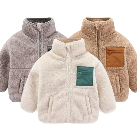 2024 Autumn/Winter New Thickened Cotton Coat Lamb Fleece Warm Hooded Color Block Coat 2-7 Year Old Outdoor Childrens Coat