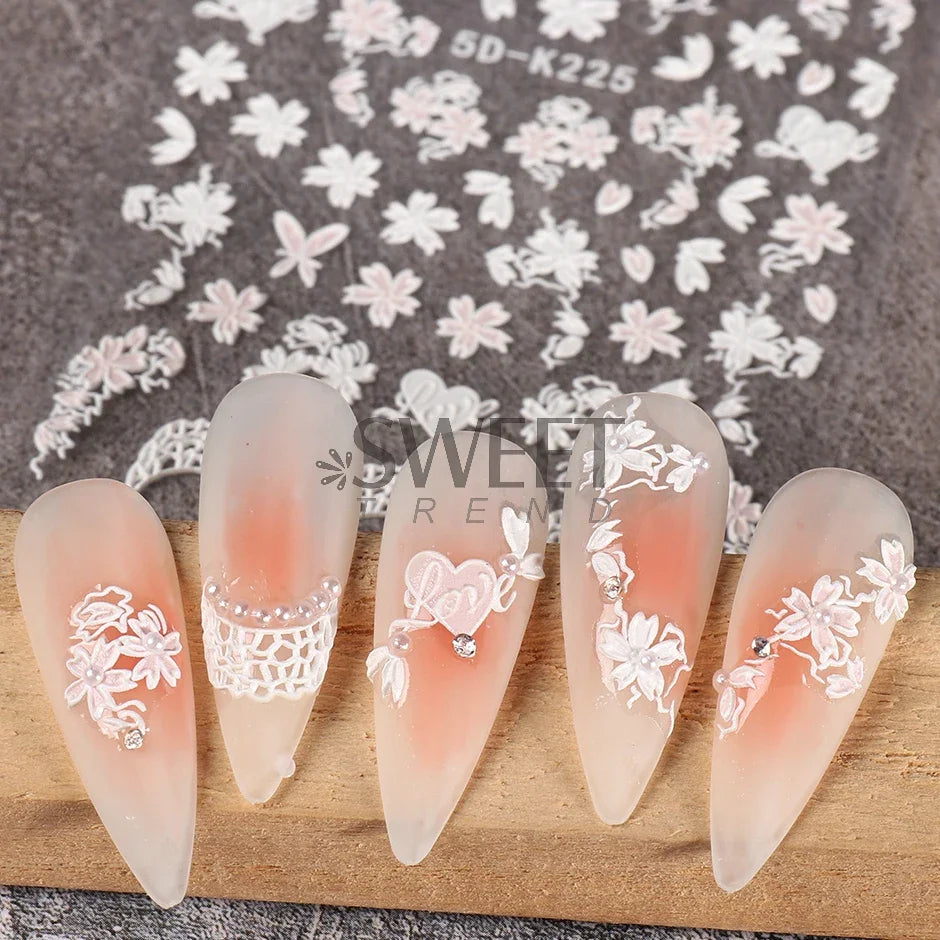 Little Daisy Flowers Nail Sticker 5D Engraved Mimosa Iris Floral Leaf Design Adhesive Sliders Wedding Bride Manicure Decorations