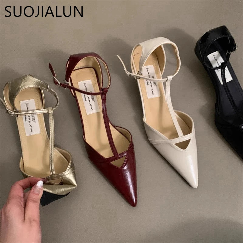 SUOJIALUN Spring New Women Sandal Fashion Pointed Toe Shallow Ladies Elegant Slingback Shoes Thin Low Heel Outdoor Dress Pumps