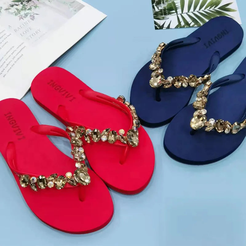 2024 Comfortable and Fashionable All-match Beach Shoes Non-slip Soft Bottom Casual Flip-flops Rhinestone Chain Flat Slippers