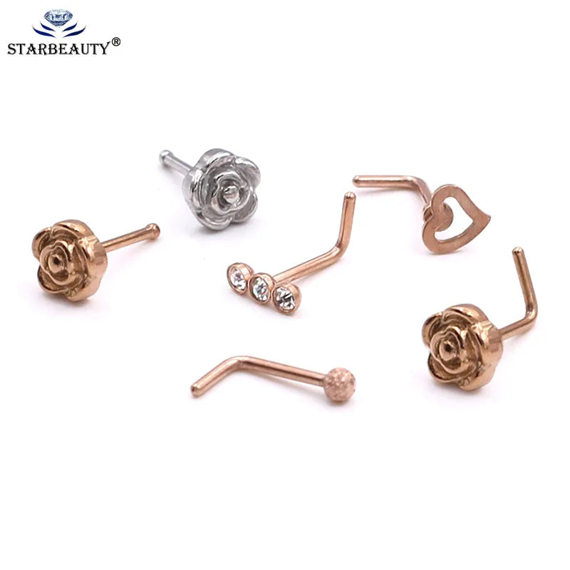 1Pc Rose Gold hotsale bodyjewelry 0.8x7mm nose ring hoop Body Jewelry Rhinestone Small Heart nosering Body Piercing