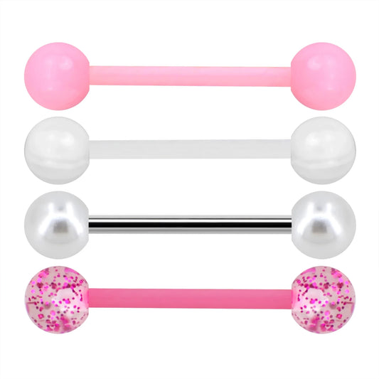 WKOUD 4 PCS Stainless Steel 14G Tongue Rings Barbell Pink Tongue Barbell Jewelry For Women Piercing Tongue Piercing Pink