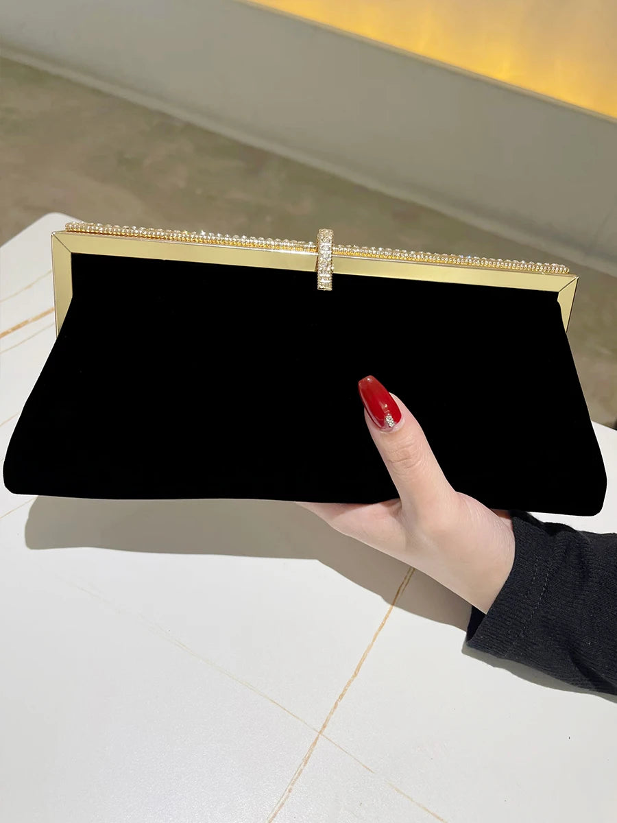 Black Velvet Dinner Clutch Wedding Party Handbag Annual Meeting Small Bag With Formal Purse Single Shoulder Fashion Evening Bag