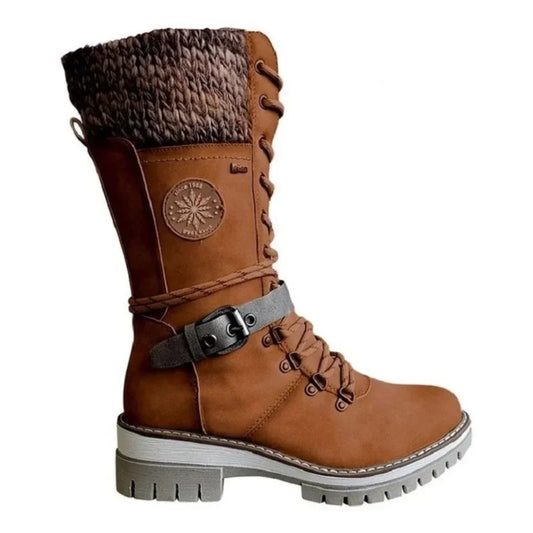 High-quality Winter Warm Boots Women's Winter Side-pull Lace-up Knitted Mid-tube Boots Low-heeled Round-toe Boots Botas De Mujer