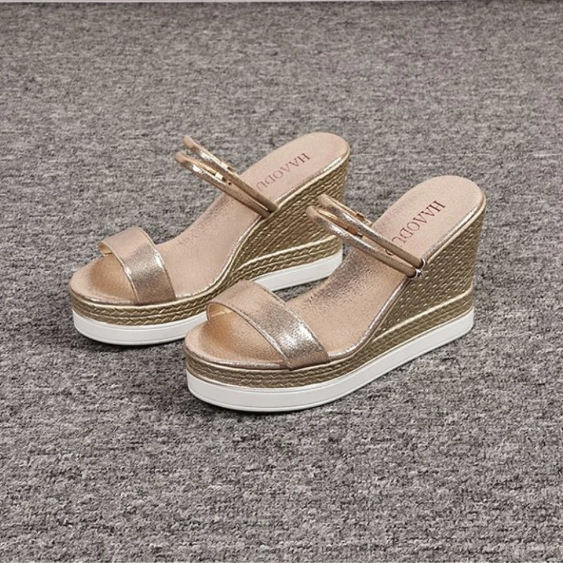 2024 Wedge Sandals Women Gold Silver Glitters Buckle Strap Slippers Chunky Platform Non-Slip Woman Thick Sole Sandalias Summer