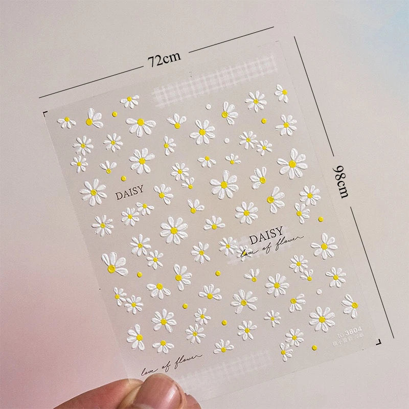 1pc Embossed White Daisy Flower nail Sticker 3D Spring Summer self-adhesive slider Nail Art Decoration Manicure DIY Decals