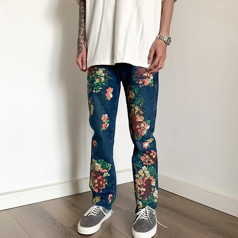 2023 Kanye Y2K Fashion Flowers Print Slim Hip Hop Jeans Pants For Men Clothing Skateboard Streetwear New Rock Denim Trousers