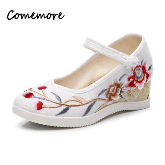 Comemore Retro Mary Jane Pumps Casual Shoes Ladies Round Toe Cotton Shoe Sandals Chinese style Women's Embroidered Wedges Shoe