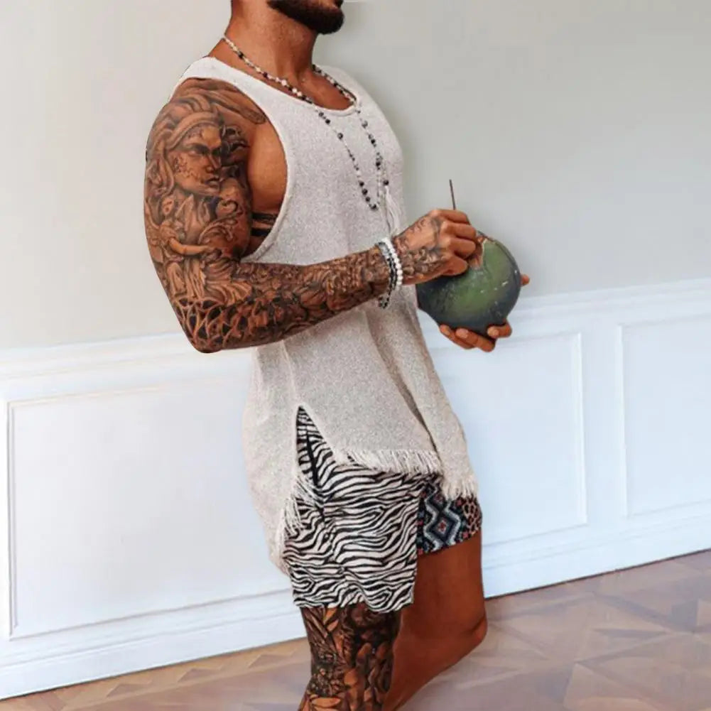 Men Tank Top Solid Color Sleeveless O Neck Knitted Summer Ripped Split T-shirt Tassel	Men Vest Daily Clothes Men's Clothing