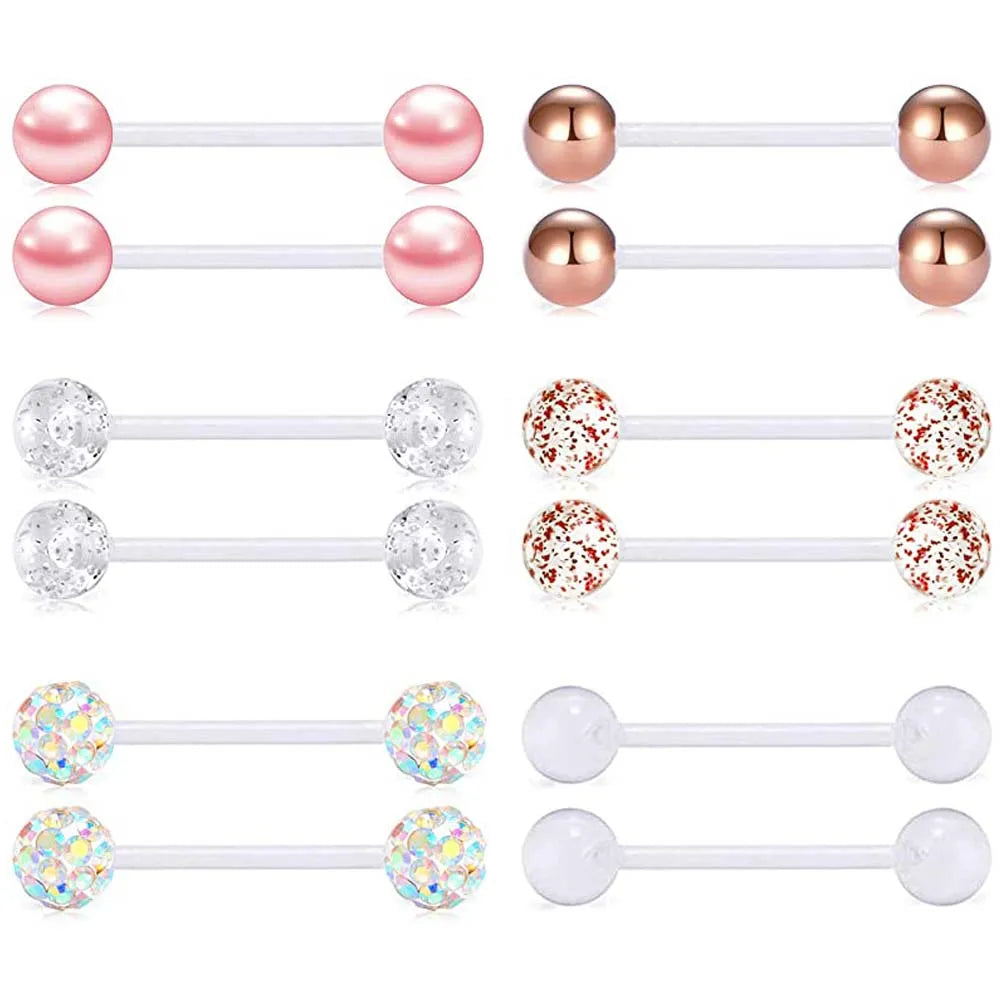 2PCS/12PCS 14G Fashion UV Nipple Rings Tongue Rings Clear Acrylic Flexible Straight Piercing Barbells Length 16mm