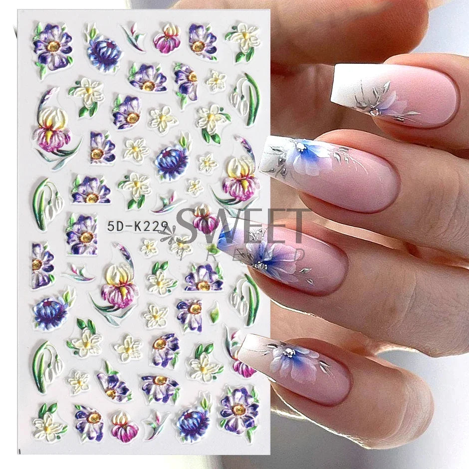 Little Daisy Flowers Nail Sticker 5D Engraved Mimosa Iris Floral Leaf Design Adhesive Sliders Wedding Bride Manicure Decorations