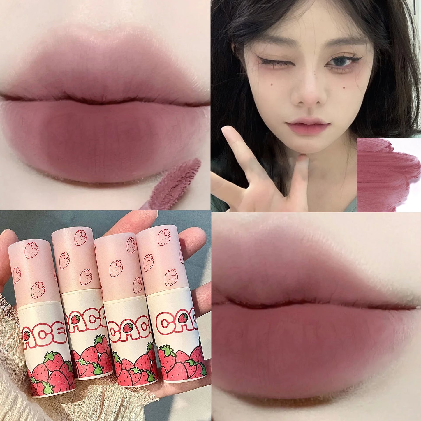 6 Color Brown Pink Lip Glaze Matte Liquid Lipstick Cute Strawberry Waterproof Velvet Nude Red Lip Mud Cheek Rouge Tint Cosmetics