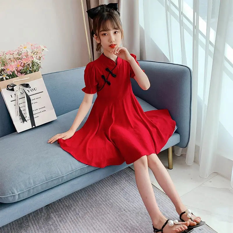 2024 summer Kids Girls solid chinese red Cheongsam Qipao Princess Teenager New Year Dresses Clothing 4 7 8 9 10 12 14 Years