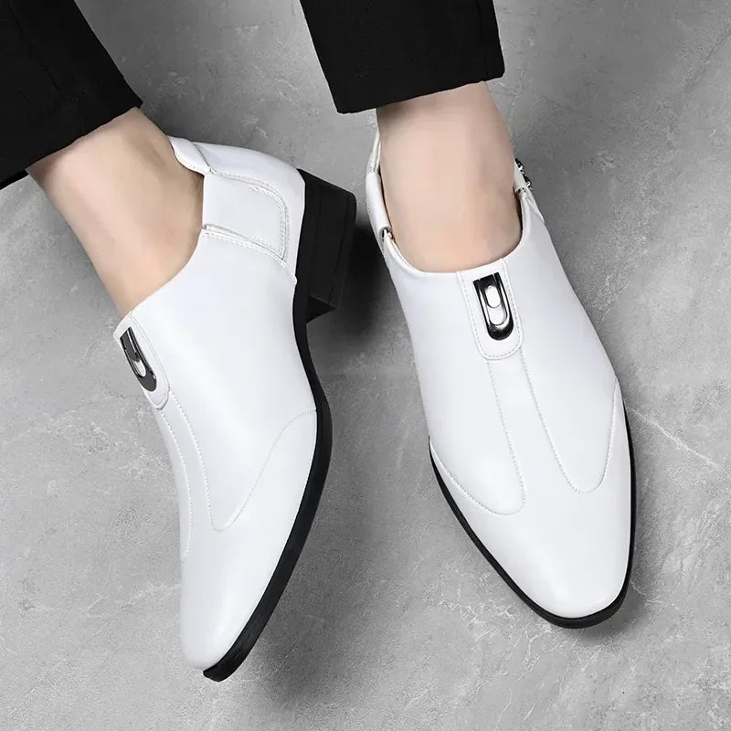 White Mens Casual Loafers Driving Moccasin Fashion Male Comfortable Business Formal Spring Leather Men Lazy Metal Dress Shoes