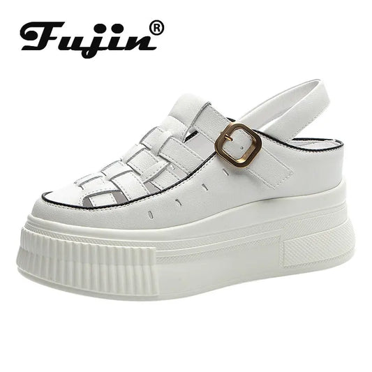 Fujin 8.8cm Genuine Leather Women Summer Shoes Platform Slippers Wedge Sandals For Female Slip On Beach Summer Fashion Ladies