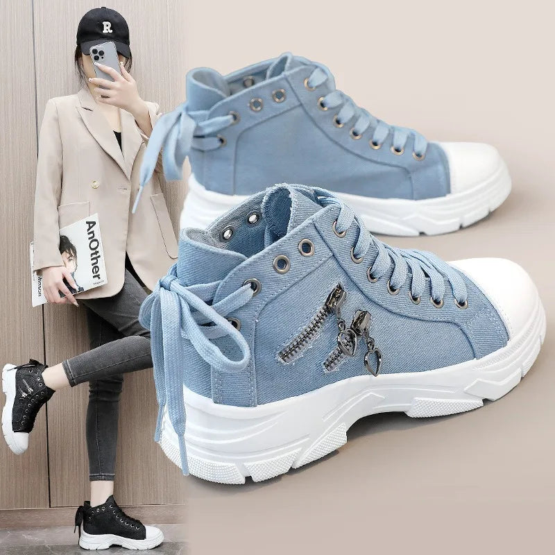 New Canvas High-top Women Shoes 2024 Spring Breathable Denim Sneakers Women Summer Thick Bottom Heightening Sports Casual Shoes