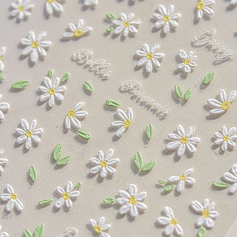 1pc Embossed White Daisy Flower nail Sticker 3D Spring Summer self-adhesive slider Nail Art Decoration Manicure DIY Decals