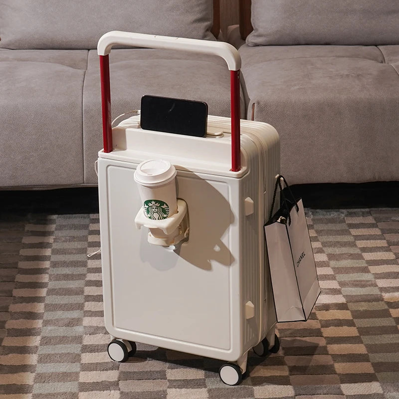 New Design Wide Handle Travel Suitcase Carry-On Luggage Trolley Case With Cup Holder USB Charging 20 Inch Cabin Rolling luggage