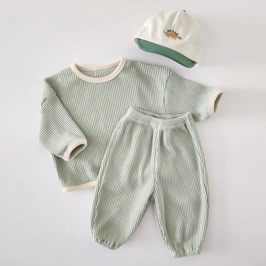 2023 Korean Spring and Autumn Baby Set Cotton Waffle Panel Top Pullover Set Solid Color Loose Elastic Infant/Toddler Sports Set