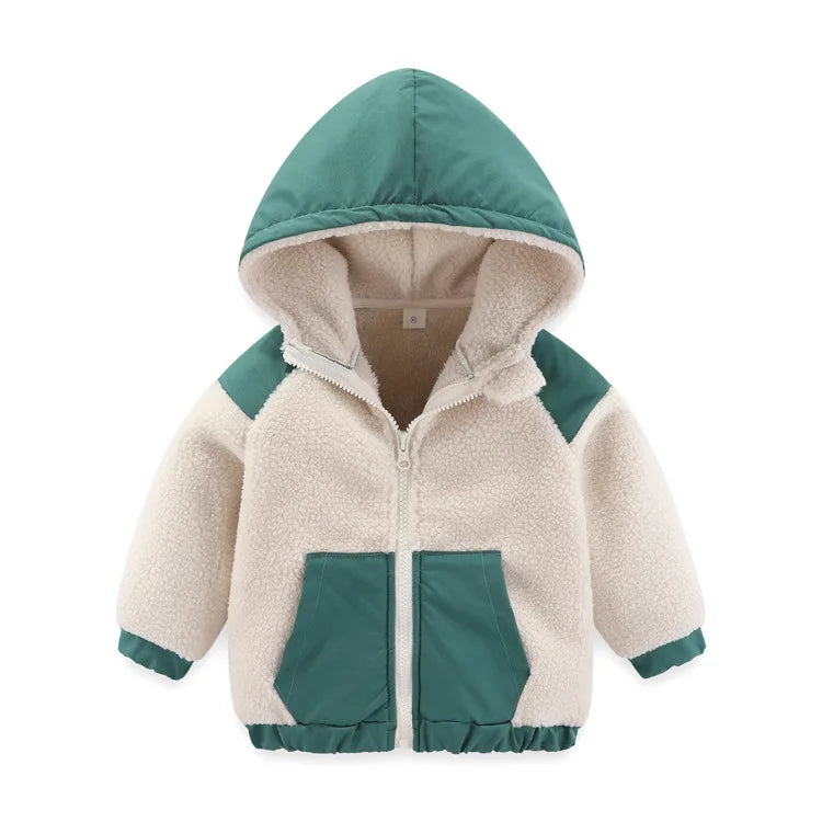 2024 Autumn/Winter New Thickened Cotton Coat Lamb Fleece Warm Hooded Color Block Coat 2-7 Year Old Outdoor Childrens Coat