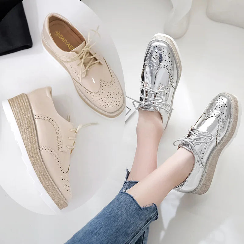 British glitter platform brogue shoes woman straw pattern espadrilles single muffins shoes retro bullock flats women creepers