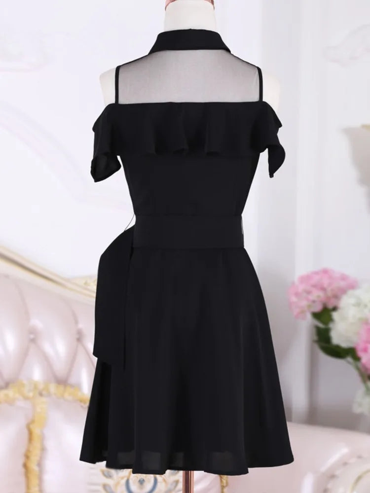 Korean OL New Single Breasted Women Summer Dress 2022 Sweet Chic Black office work Short mini Dresses With Belt Vestidos jurken