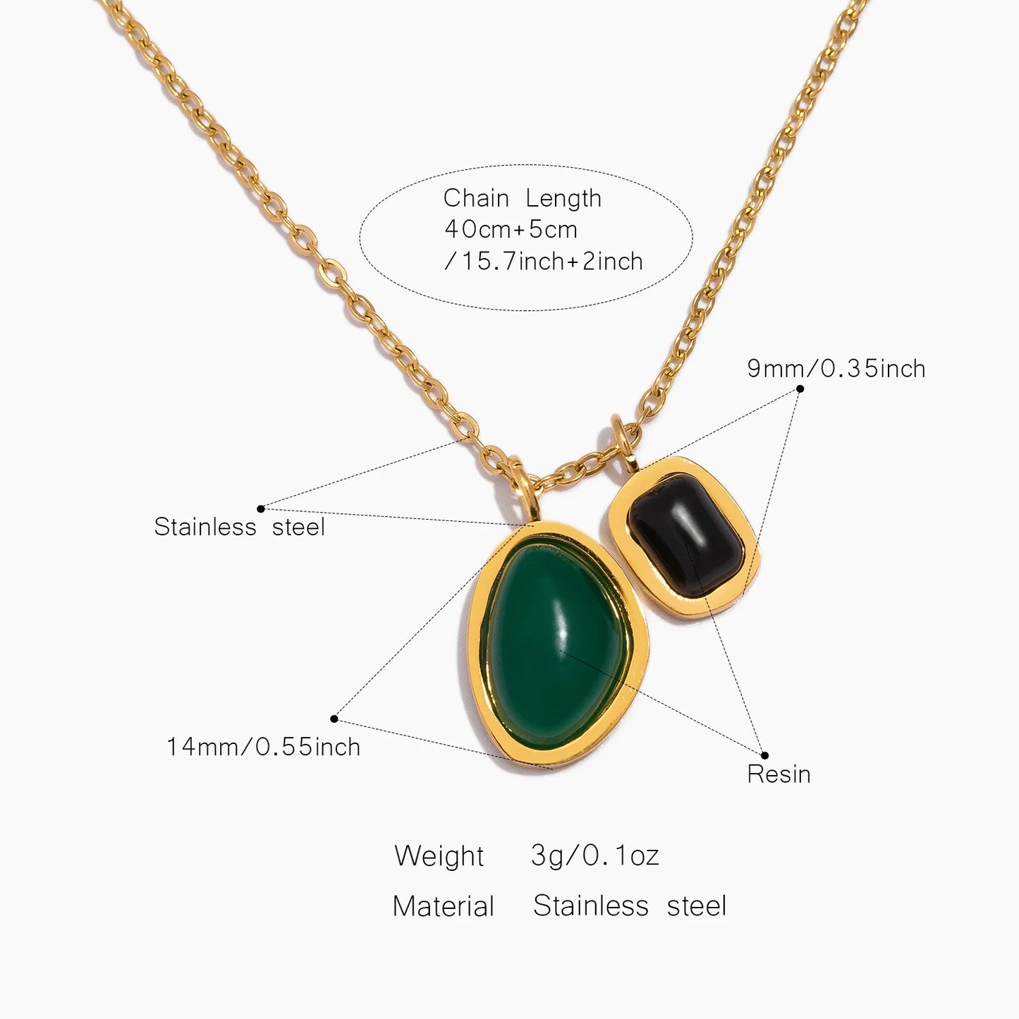 Emerald and Black Gemstone Double Pendant Necklace for Women, Stainless Steel Chain Jewelry, Earrings and Ankles