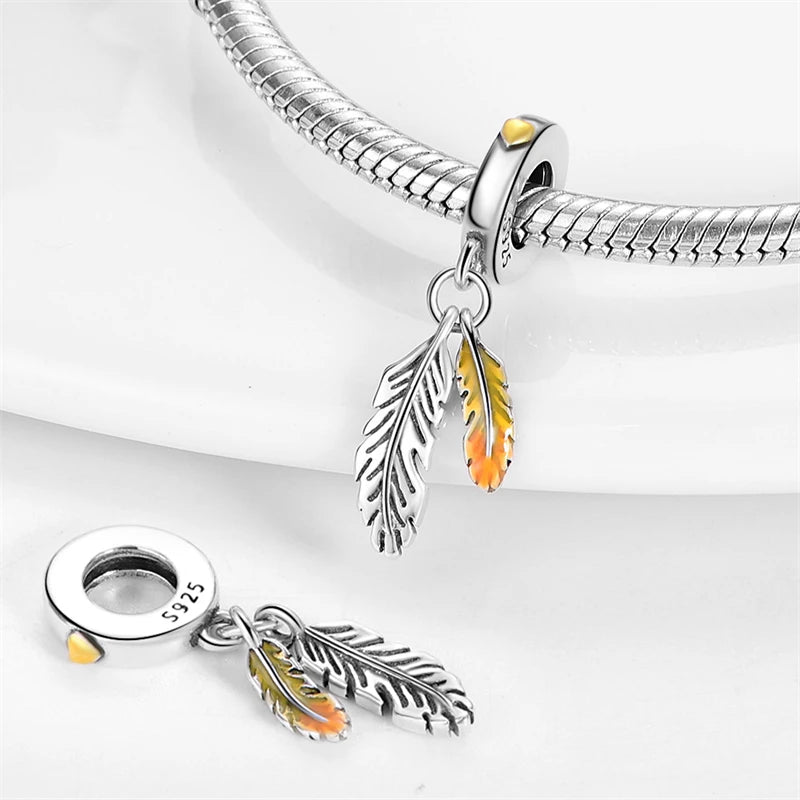 925 Silver Color Flamingos Feather Flowers Birds Charms Beads Fit Pandora 925 Original Bracelets Fine FashionDIY Jewelry Gift